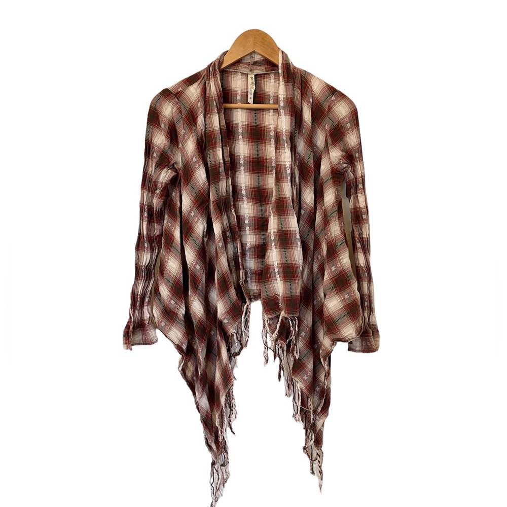 Fringed plaid long-sleeved shawl 100 % cotton